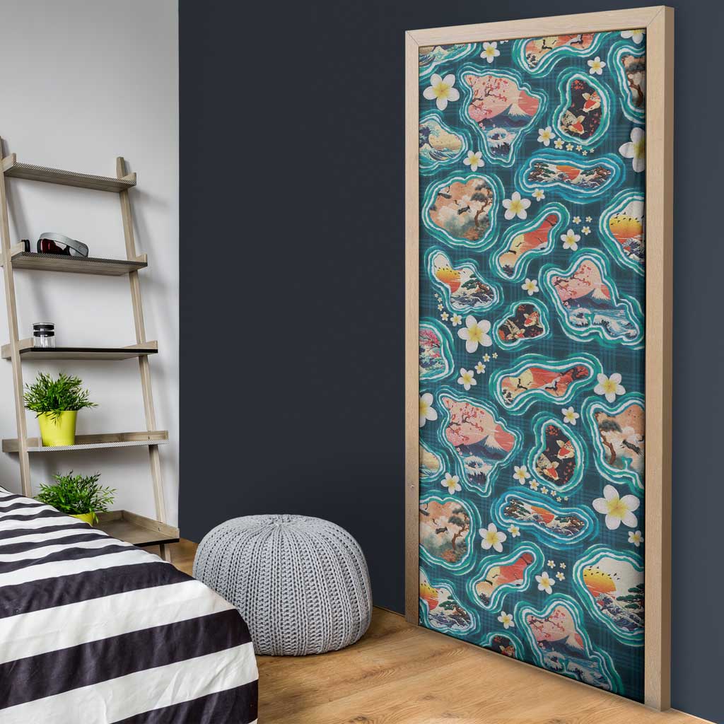 Hawaiian and Japanese Culture Together Door Cover Hawaiian Island Shapes with Japanese Landscape Teal Color