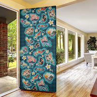 Hawaiian and Japanese Culture Together Door Cover Hawaiian Island Shapes with Japanese Landscape Teal Color