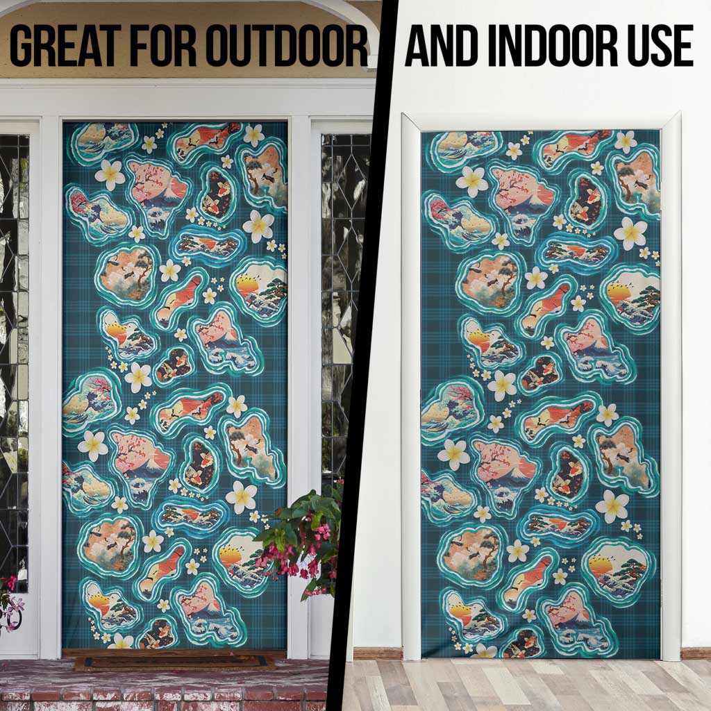 Hawaiian and Japanese Culture Together Door Cover Hawaiian Island Shapes with Japanese Landscape Teal Color
