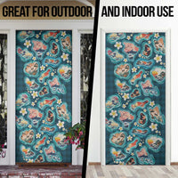 Hawaiian and Japanese Culture Together Door Cover Hawaiian Island Shapes with Japanese Landscape Teal Color