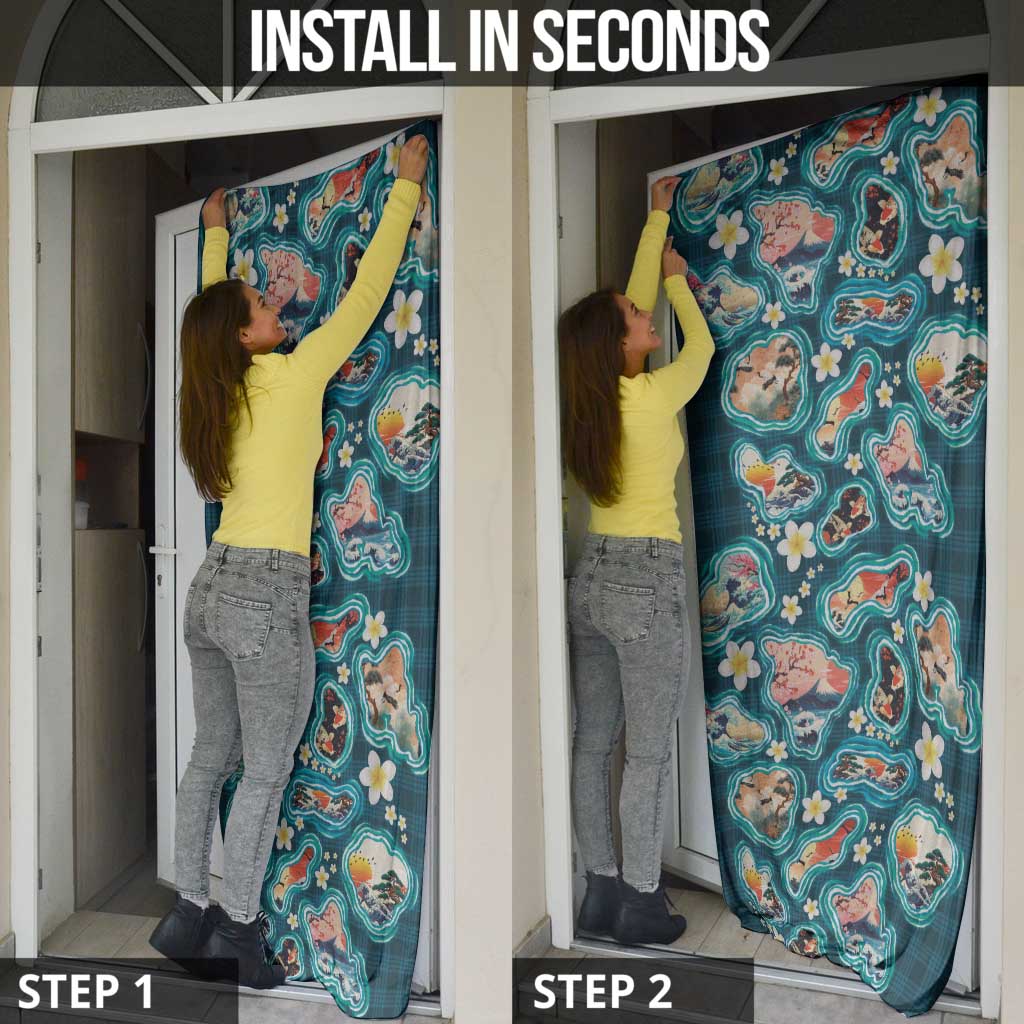 Hawaiian and Japanese Culture Together Door Cover Hawaiian Island Shapes with Japanese Landscape Teal Color