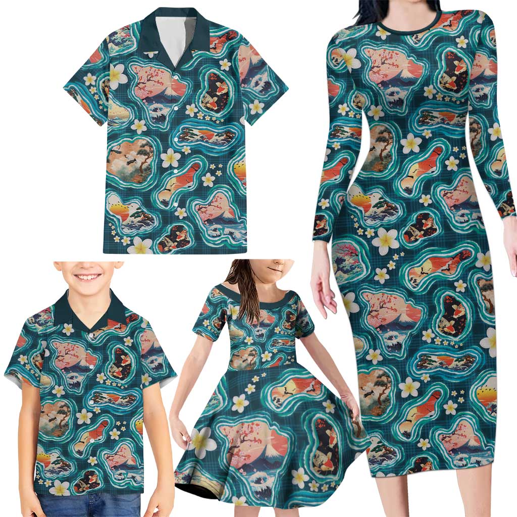 Hawaiian and Japanese Culture Together Family Matching Long Sleeve Bodycon Dress and Hawaiian Shirt Hawaiian Island Shapes with Japanese Landscape Teal Color