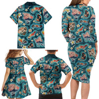 Hawaiian and Japanese Culture Together Family Matching Long Sleeve Bodycon Dress and Hawaiian Shirt Hawaiian Island Shapes with Japanese Landscape Teal Color