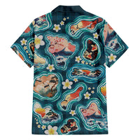 Hawaiian and Japanese Culture Together Family Matching Long Sleeve Bodycon Dress and Hawaiian Shirt Hawaiian Island Shapes with Japanese Landscape Teal Color