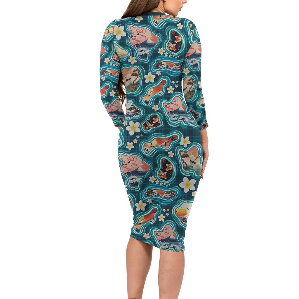 Hawaiian and Japanese Culture Together Family Matching Long Sleeve Bodycon Dress and Hawaiian Shirt Hawaiian Island Shapes with Japanese Landscape Teal Color
