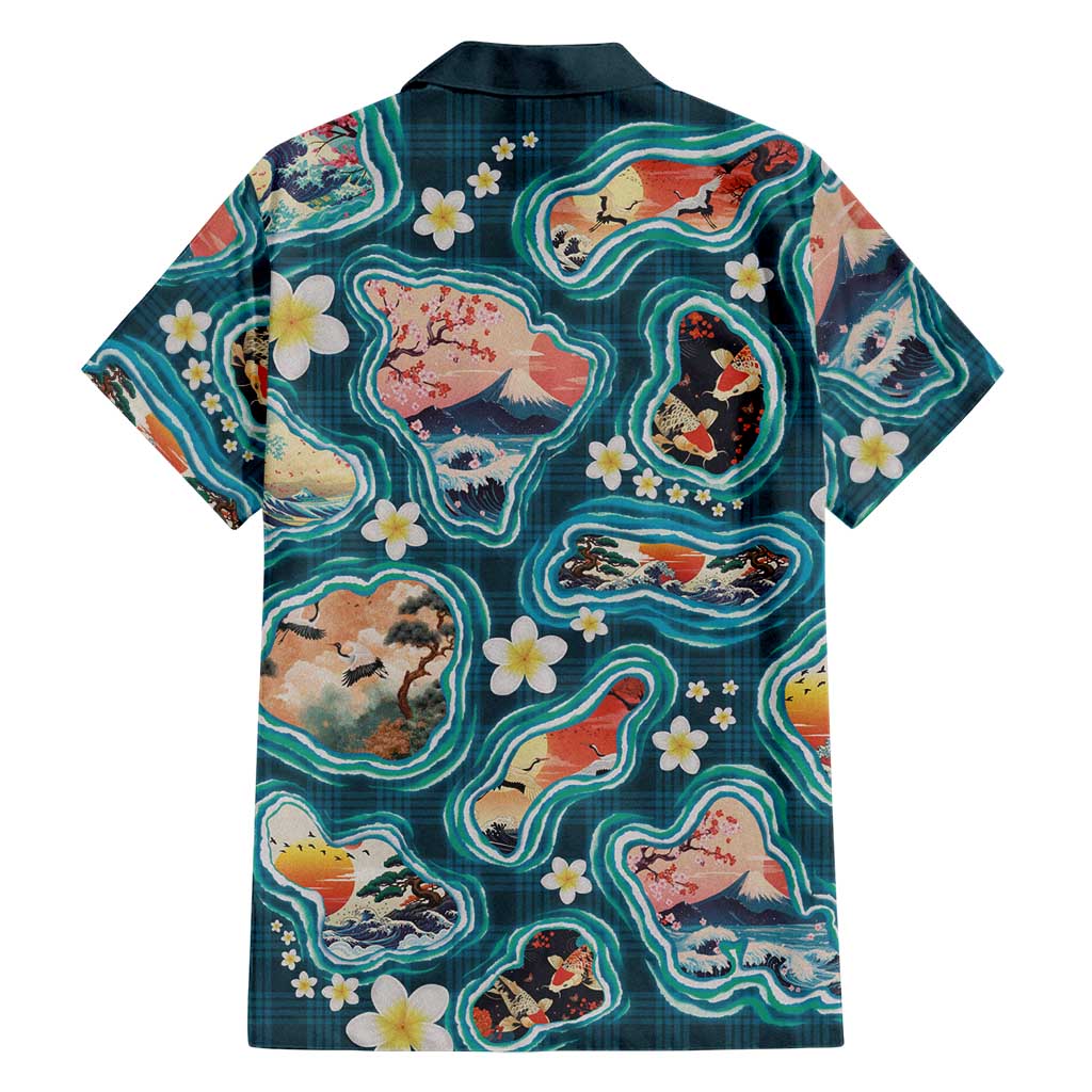 Hawaiian and Japanese Culture Together Family Matching Mermaid Dress and Hawaiian Shirt Hawaiian Island Shapes with Japanese Landscape Teal Color