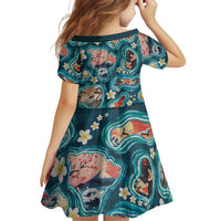 Hawaiian and Japanese Culture Together Family Matching Off The Shoulder Long Sleeve Dress and Hawaiian Shirt Hawaiian Island Shapes with Japanese Landscape Teal Color
