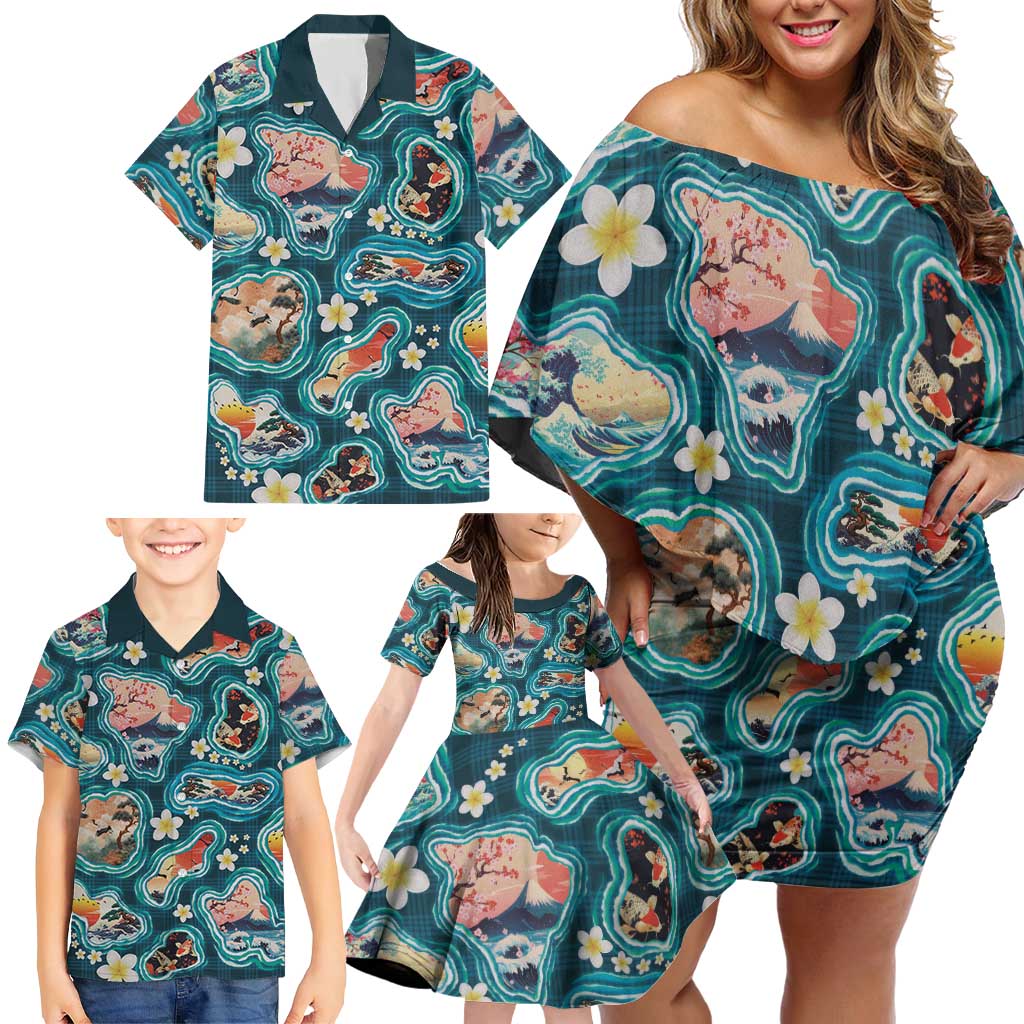 Hawaiian and Japanese Culture Together Family Matching Off Shoulder Short Dress and Hawaiian Shirt Hawaiian Island Shapes with Japanese Landscape Teal Color LT03 - Polynesian Pride