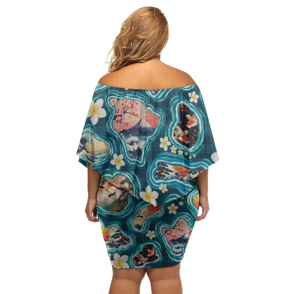 Hawaiian and Japanese Culture Together Family Matching Off Shoulder Short Dress and Hawaiian Shirt Hawaiian Island Shapes with Japanese Landscape Teal Color