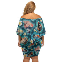 Hawaiian and Japanese Culture Together Family Matching Off Shoulder Short Dress and Hawaiian Shirt Hawaiian Island Shapes with Japanese Landscape Teal Color