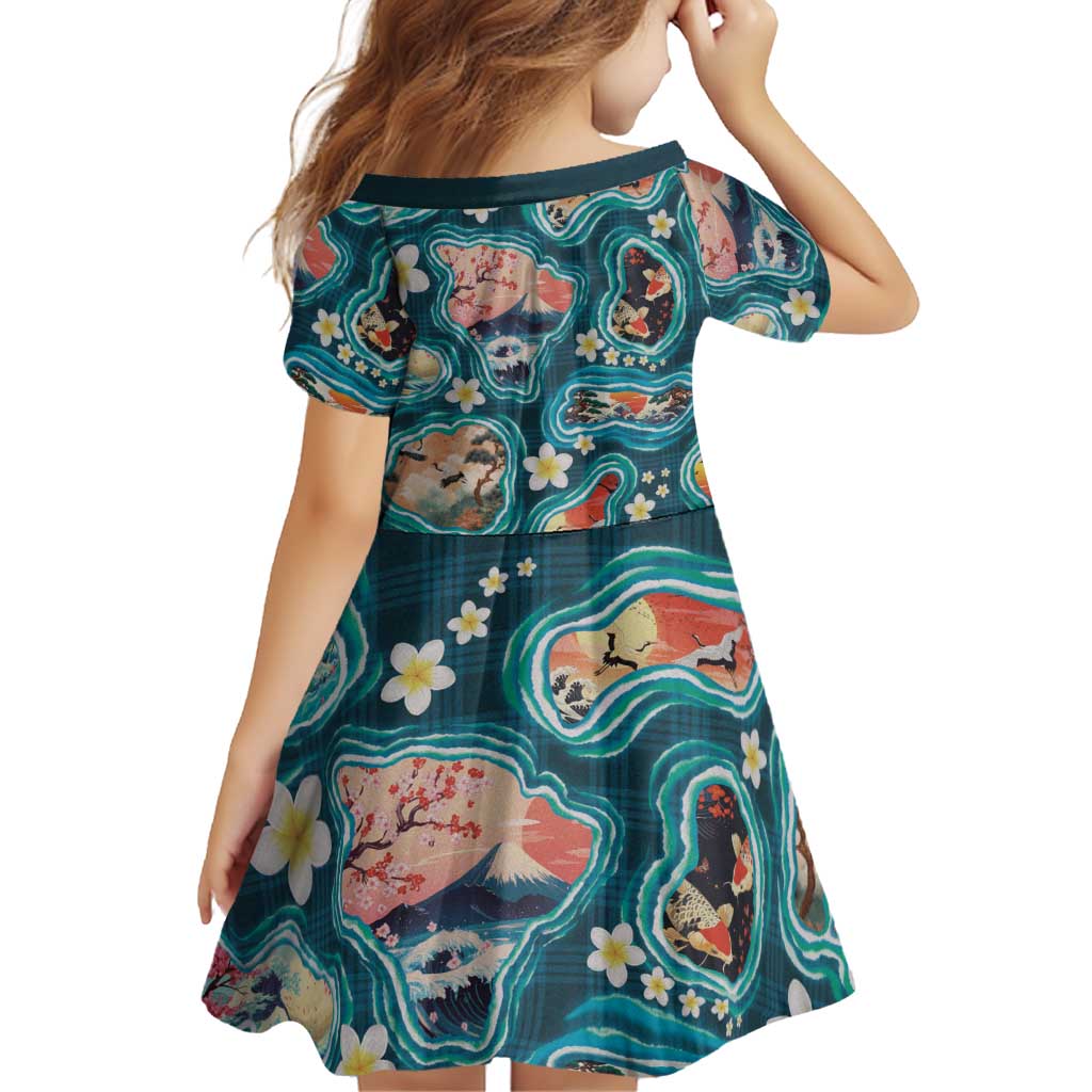 Hawaiian and Japanese Culture Together Family Matching Puletasi and Hawaiian Shirt Hawaiian Island Shapes with Japanese Landscape Teal Color