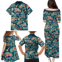 Hawaiian and Japanese Culture Together Family Matching Puletasi and Hawaiian Shirt Hawaiian Island Shapes with Japanese Landscape Teal Color