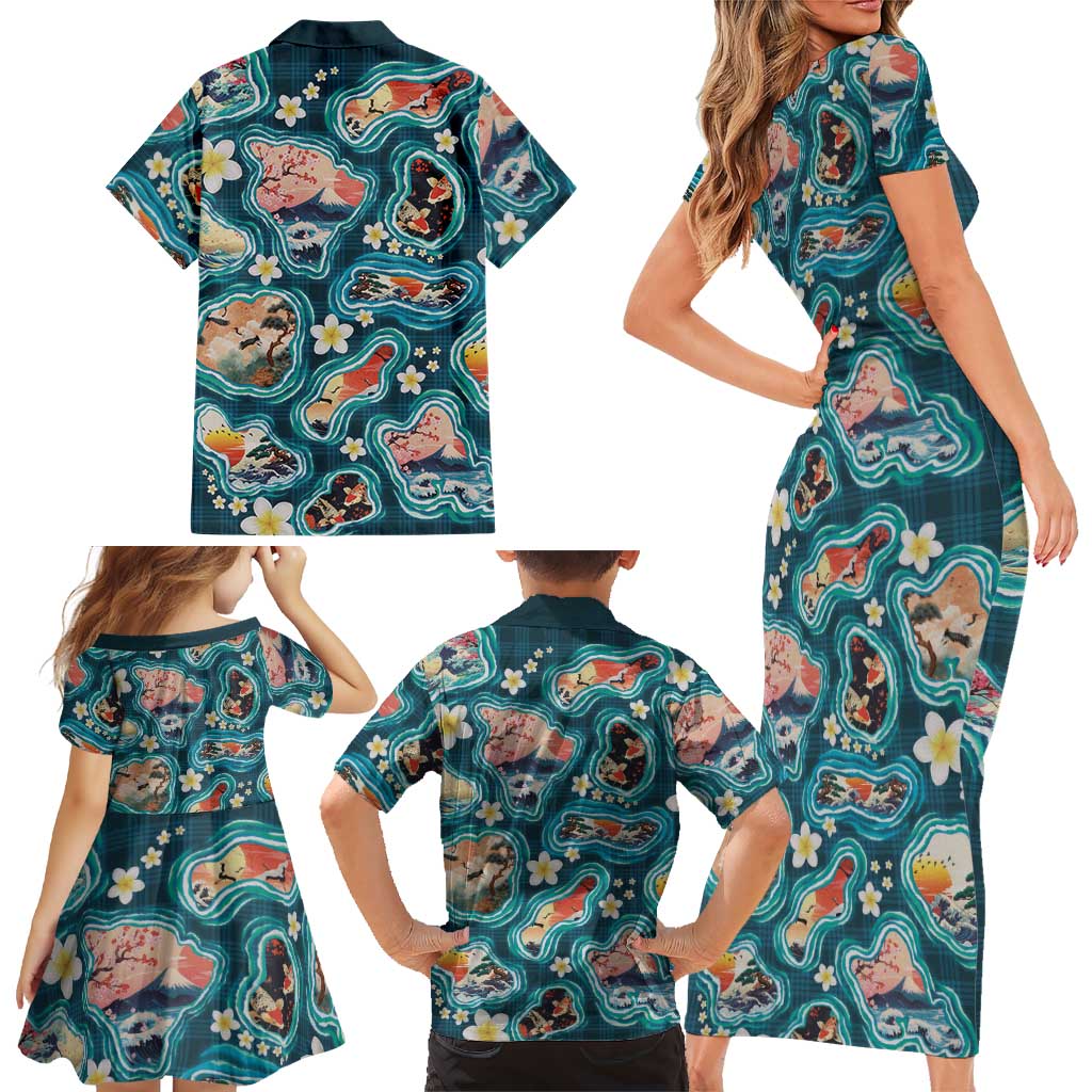 Hawaiian and Japanese Culture Together Family Matching Short Sleeve Bodycon Dress and Hawaiian Shirt Hawaiian Island Shapes with Japanese Landscape Teal Color