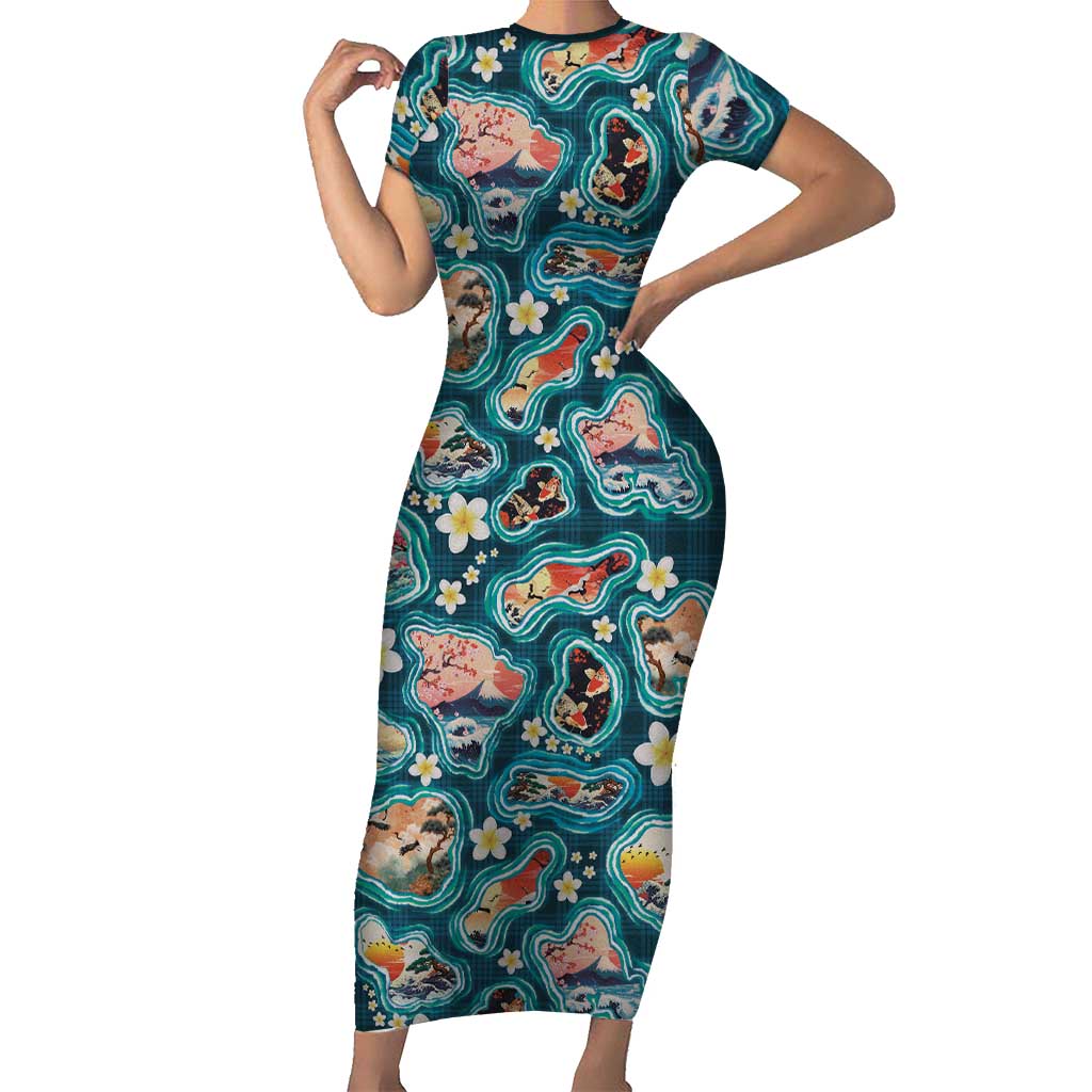 Hawaiian and Japanese Culture Together Family Matching Short Sleeve Bodycon Dress and Hawaiian Shirt Hawaiian Island Shapes with Japanese Landscape Teal Color
