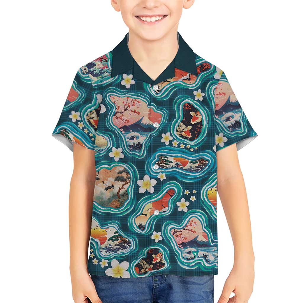 Hawaiian and Japanese Culture Together Family Matching Short Sleeve Bodycon Dress and Hawaiian Shirt Hawaiian Island Shapes with Japanese Landscape Teal Color