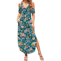 Hawaiian and Japanese Culture Together Family Matching Summer Maxi Dress and Hawaiian Shirt Hawaiian Island Shapes with Japanese Landscape Teal Color