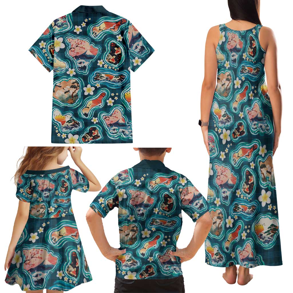 Hawaiian and Japanese Culture Together Family Matching Tank Maxi Dress and Hawaiian Shirt Hawaiian Island Shapes with Japanese Landscape Teal Color