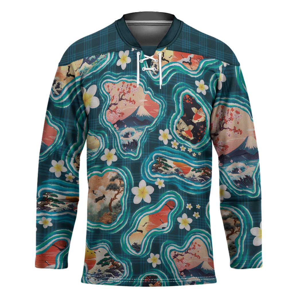 Hawaiian and Japanese Culture Together Hockey Jersey Hawaiian Island Shapes with Japanese Landscape Teal Color
