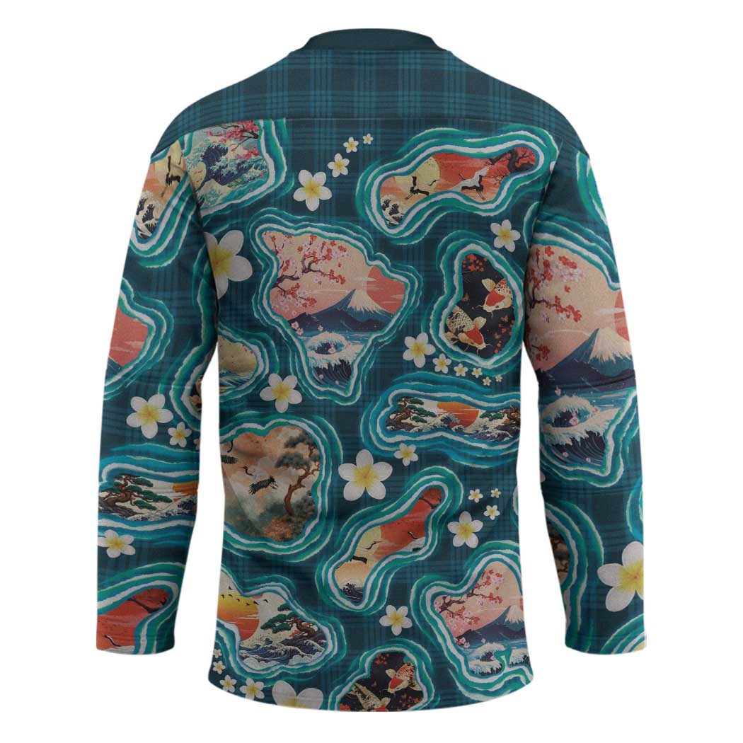 Hawaiian and Japanese Culture Together Hockey Jersey Hawaiian Island Shapes with Japanese Landscape Teal Color