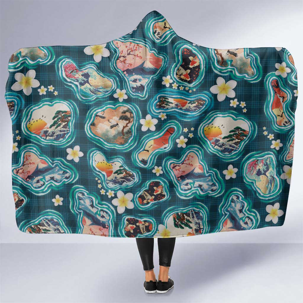 Hawaiian and Japanese Culture Together Hooded Blanket Hawaiian Island Shapes with Japanese Landscape Teal Color