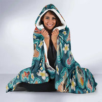 Hawaiian and Japanese Culture Together Hooded Blanket Hawaiian Island Shapes with Japanese Landscape Teal Color