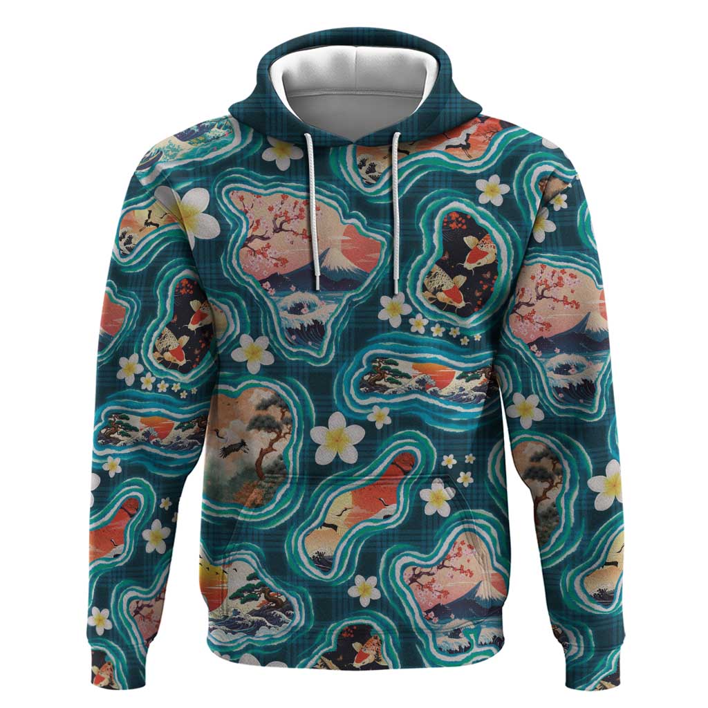 Hawaiian and Japanese Culture Together Hoodie Hawaiian Island Shapes with Japanese Landscape Teal Color