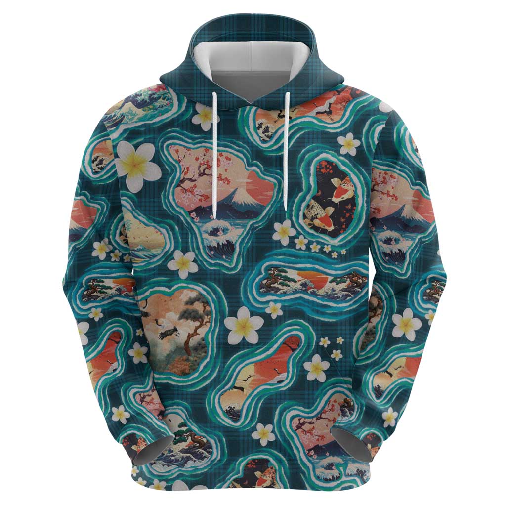 Hawaiian and Japanese Culture Together Hoodie Hawaiian Island Shapes with Japanese Landscape Teal Color LT03 - Polynesian Pride