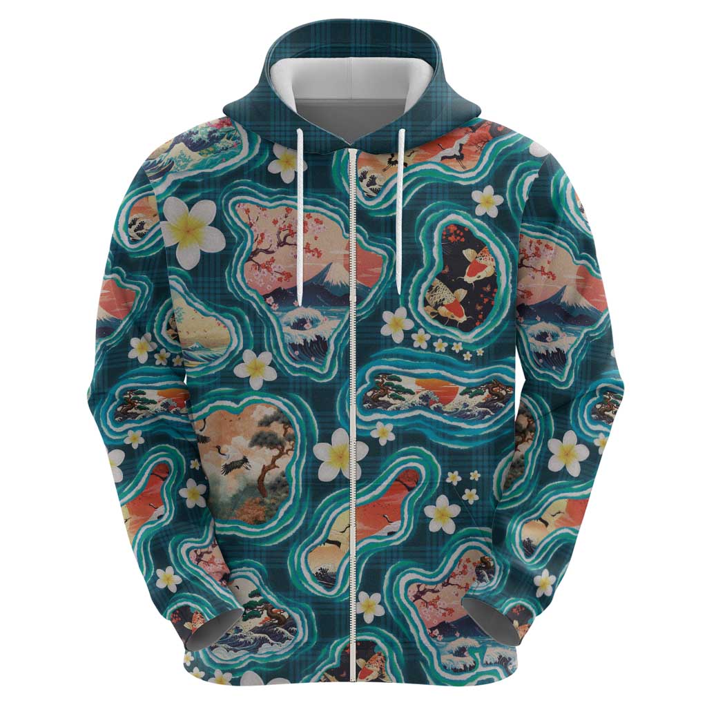 Hawaiian and Japanese Culture Together Hoodie Hawaiian Island Shapes with Japanese Landscape Teal Color LT03 - Polynesian Pride