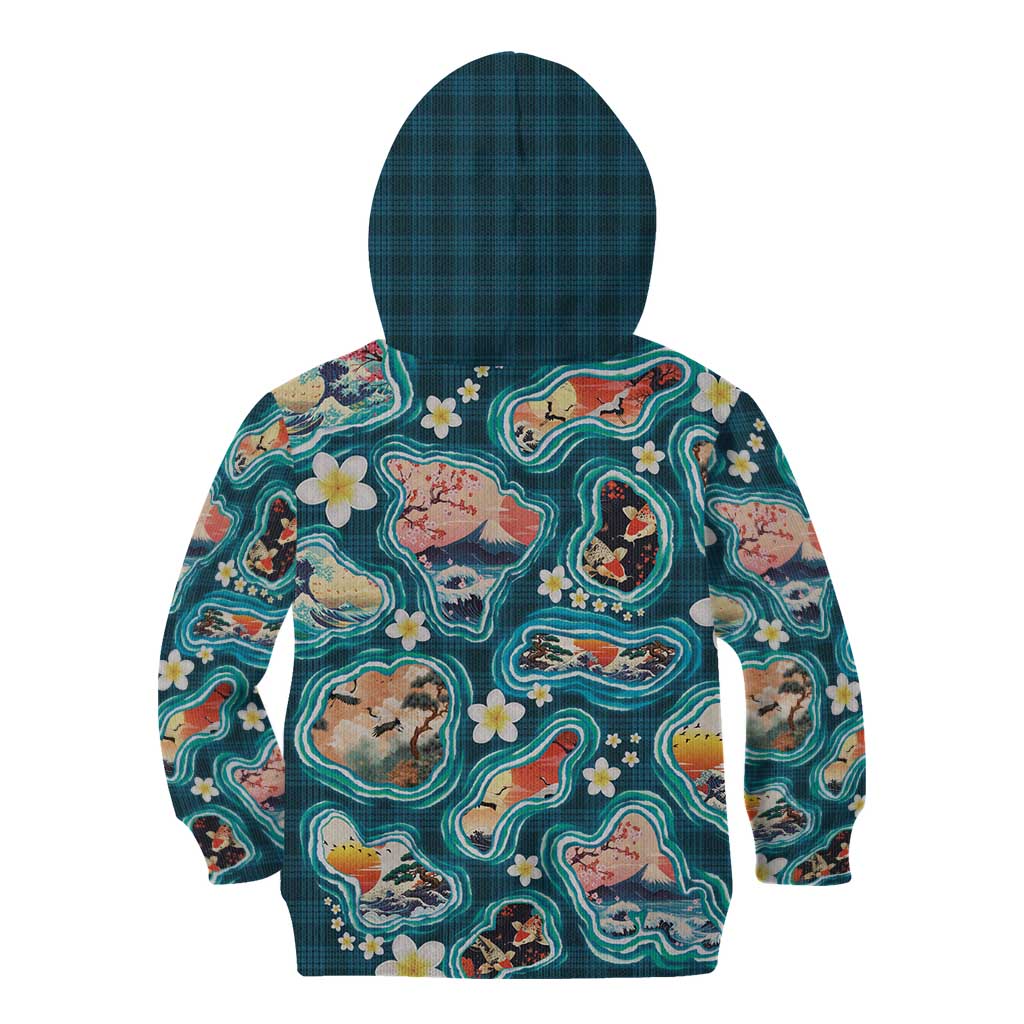 Hawaiian and Japanese Culture Together Kid Hoodie Hawaiian Island Shapes with Japanese Landscape Teal Color