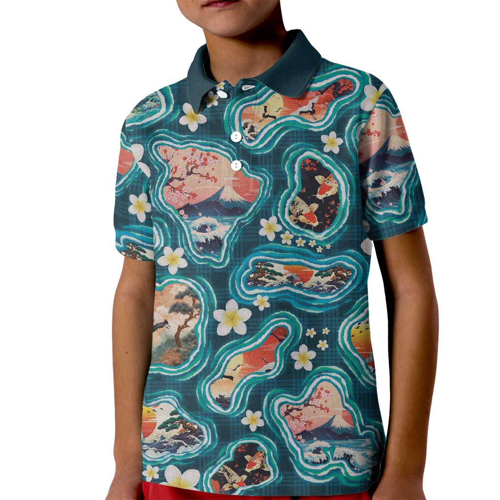 Hawaiian and Japanese Culture Together Kid Polo Shirt Hawaiian Island Shapes with Japanese Landscape Teal Color