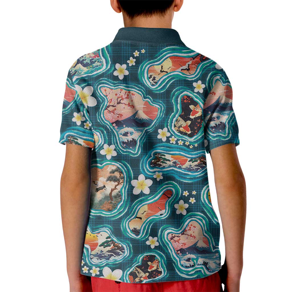 Hawaiian and Japanese Culture Together Kid Polo Shirt Hawaiian Island Shapes with Japanese Landscape Teal Color