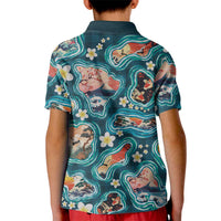 Hawaiian and Japanese Culture Together Kid Polo Shirt Hawaiian Island Shapes with Japanese Landscape Teal Color