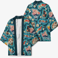 Hawaiian and Japanese Culture Together Kimono Hawaiian Island Shapes with Japanese Landscape Teal Color