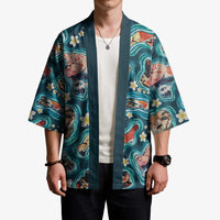 Hawaiian and Japanese Culture Together Kimono Hawaiian Island Shapes with Japanese Landscape Teal Color