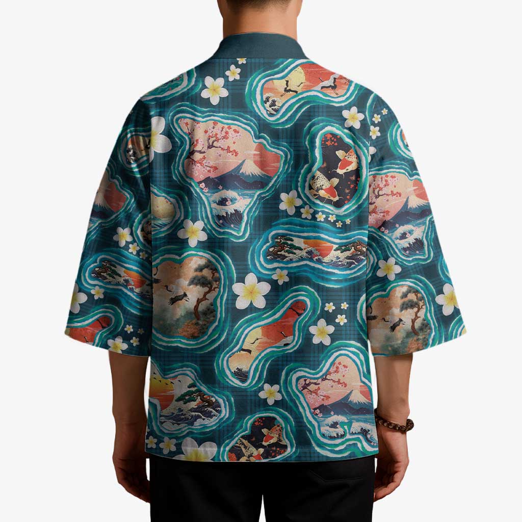 Hawaiian and Japanese Culture Together Kimono Hawaiian Island Shapes with Japanese Landscape Teal Color