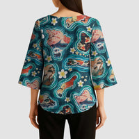 Hawaiian and Japanese Culture Together Kimono Sleeve Blouse Hawaiian Island Shapes with Japanese Landscape Teal Color