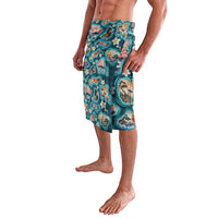 Hawaiian and Japanese Culture Together Lavalava Hawaiian Island Shapes with Japanese Landscape Teal Color