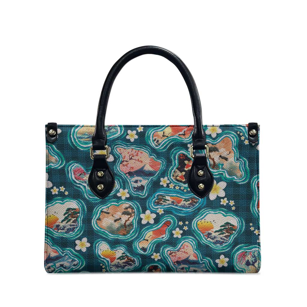 Hawaiian and Japanese Culture Together Leather Bag Hawaiian Island Shapes with Japanese Landscape Teal Color