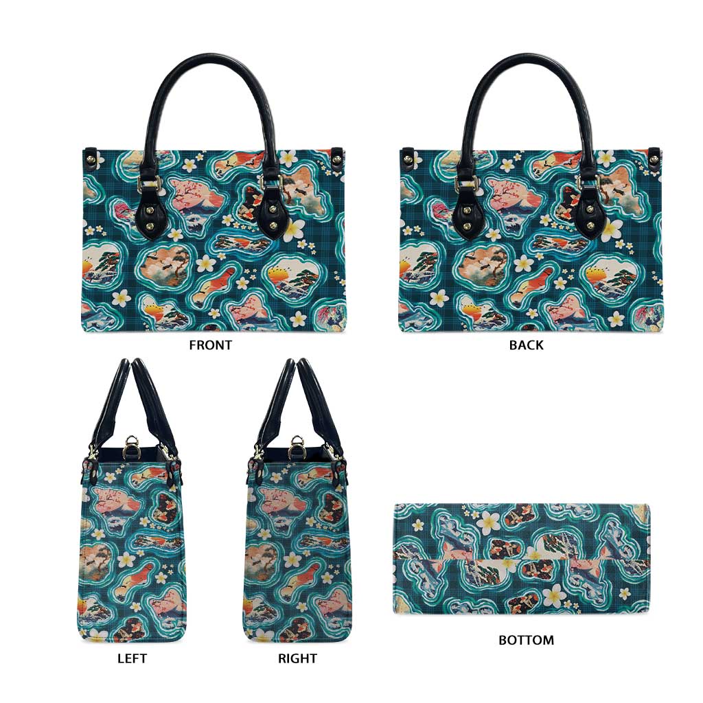 Hawaiian and Japanese Culture Together Leather Bag Hawaiian Island Shapes with Japanese Landscape Teal Color