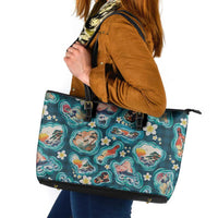 Hawaiian and Japanese Culture Together Leather Tote Bag Hawaiian Island Shapes with Japanese Landscape Teal Color