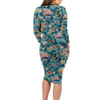 Hawaiian and Japanese Culture Together Long Sleeve Bodycon Dress Hawaiian Island Shapes with Japanese Landscape Teal Color
