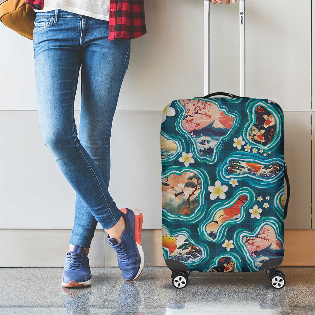 Hawaiian and Japanese Culture Together Luggage Cover Hawaiian Island Shapes with Japanese Landscape Teal Color