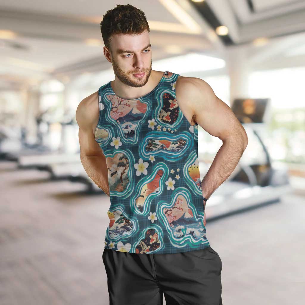 Hawaiian and Japanese Culture Together Men Tank Top Hawaiian Island Shapes with Japanese Landscape Teal Color
