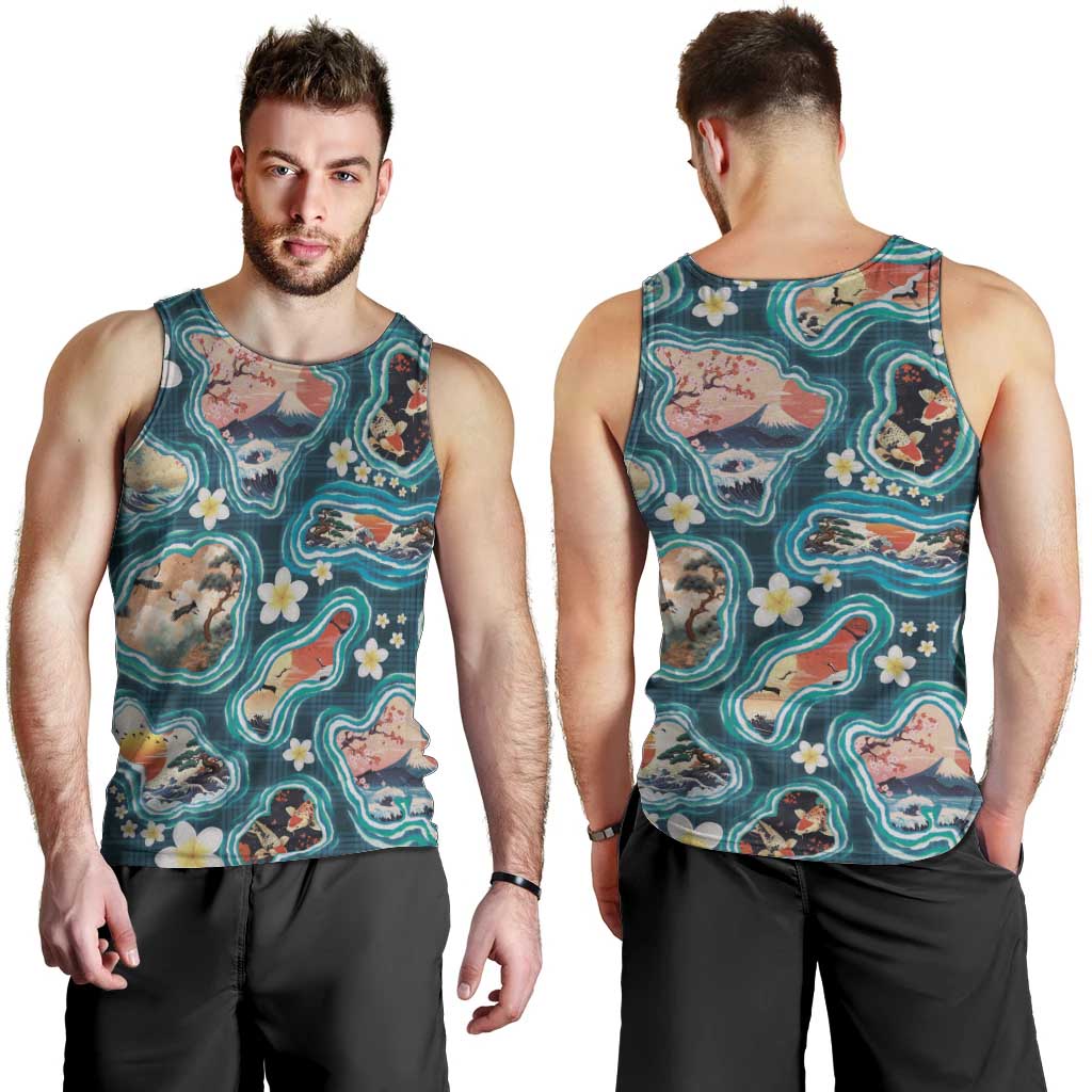 Hawaiian and Japanese Culture Together Men Tank Top Hawaiian Island Shapes with Japanese Landscape Teal Color