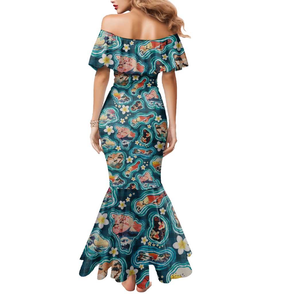Hawaiian and Japanese Culture Together Mermaid Dress Hawaiian Island Shapes with Japanese Landscape Teal Color