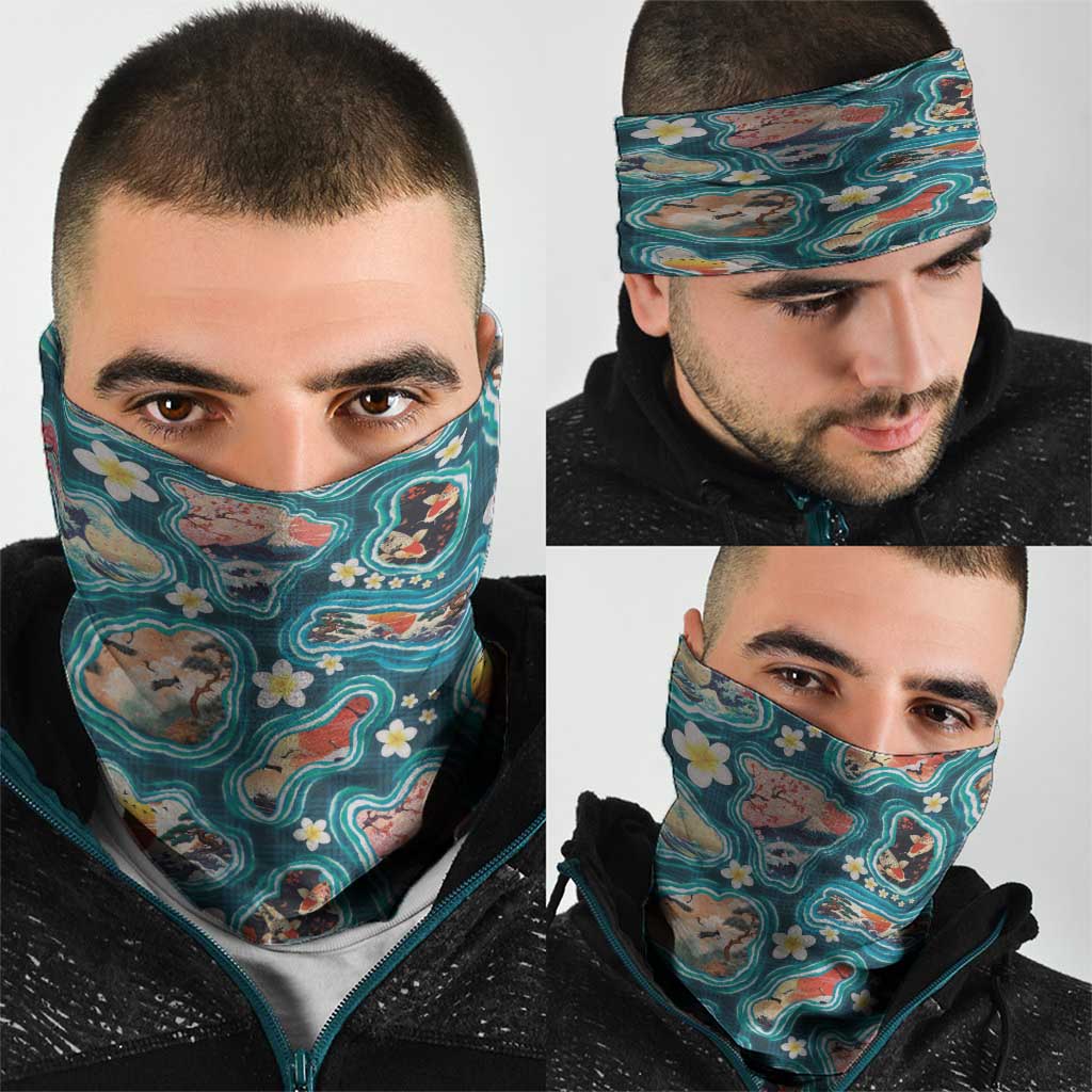 Hawaiian and Japanese Culture Together Neck Gaiter Hawaiian Island Shapes with Japanese Landscape Teal Color