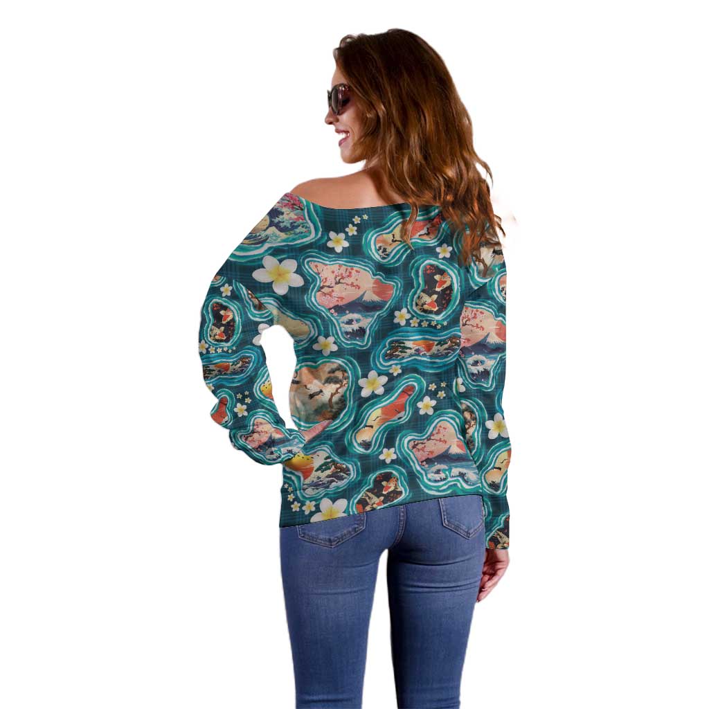 Hawaiian and Japanese Culture Together Off Shoulder Sweater Hawaiian Island Shapes with Japanese Landscape Teal Color