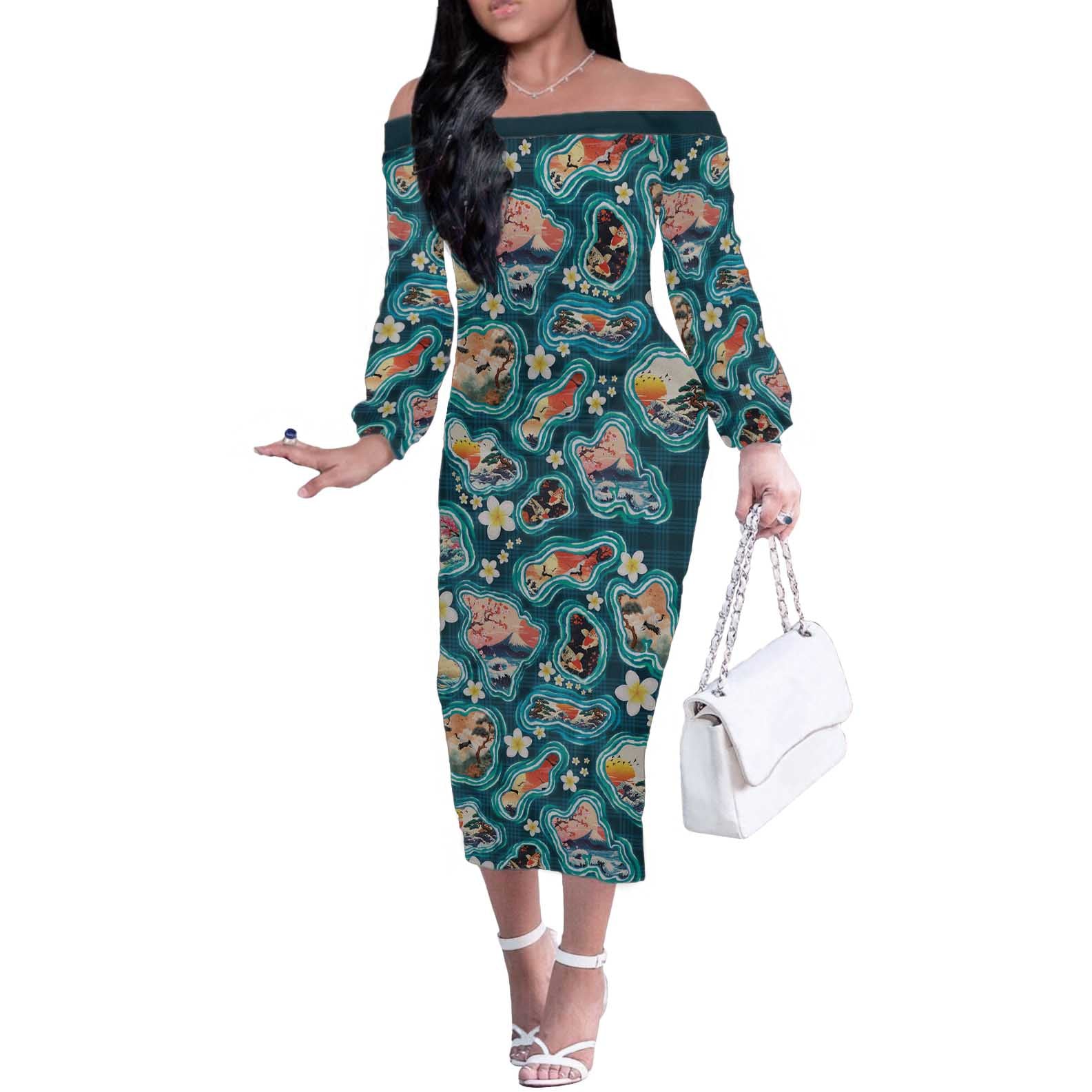 Hawaiian and Japanese Culture Together Off The Shoulder Long Sleeve Dress Hawaiian Island Shapes with Japanese Landscape Teal Color