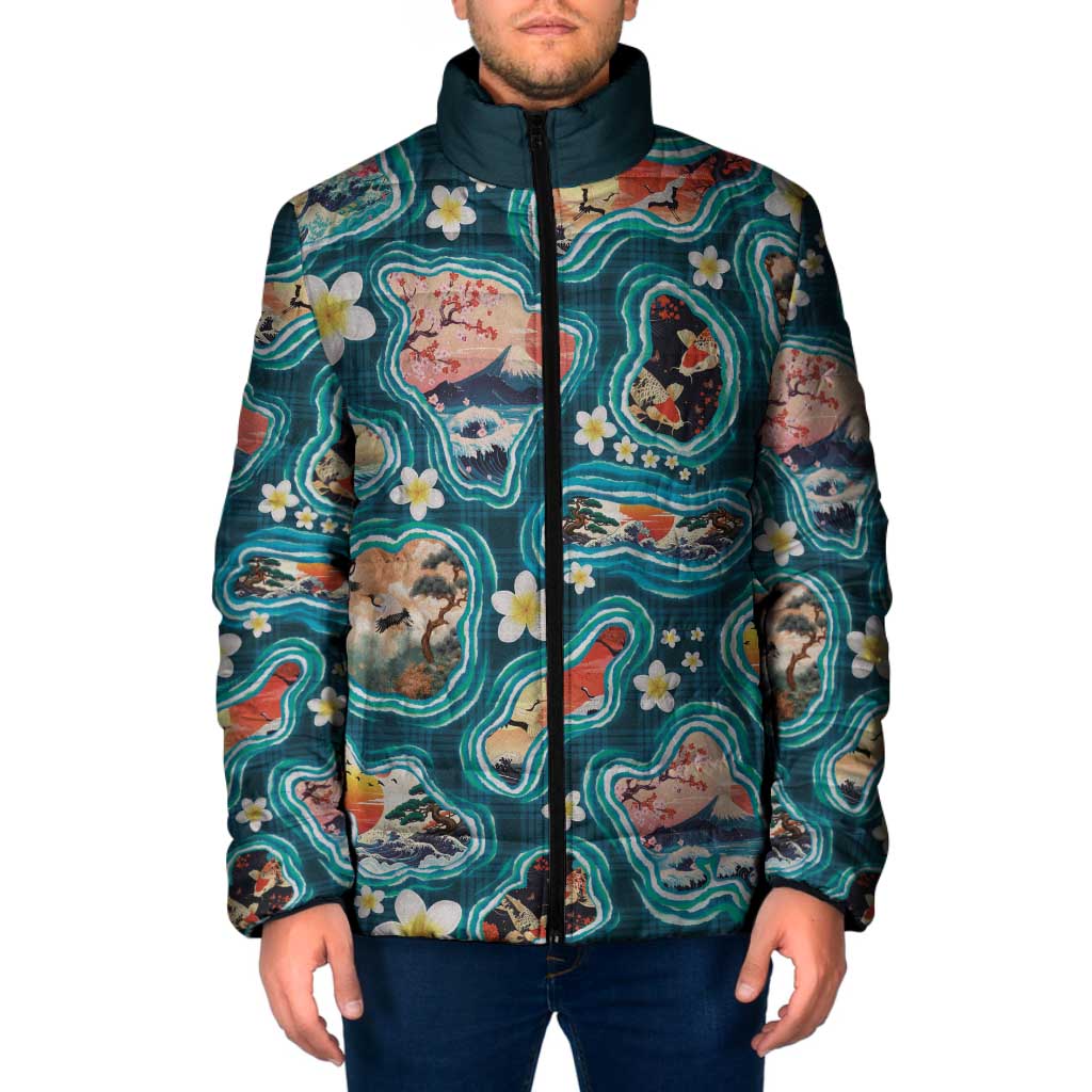 Hawaiian and Japanese Culture Together Padded Jacket Hawaiian Island Shapes with Japanese Landscape Teal Color LT03 Men Teal - Polynesian Pride