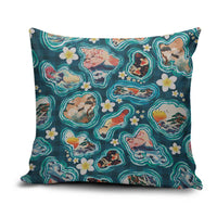 Hawaiian and Japanese Culture Together Pillow Cover Hawaiian Island Shapes with Japanese Landscape Teal Color